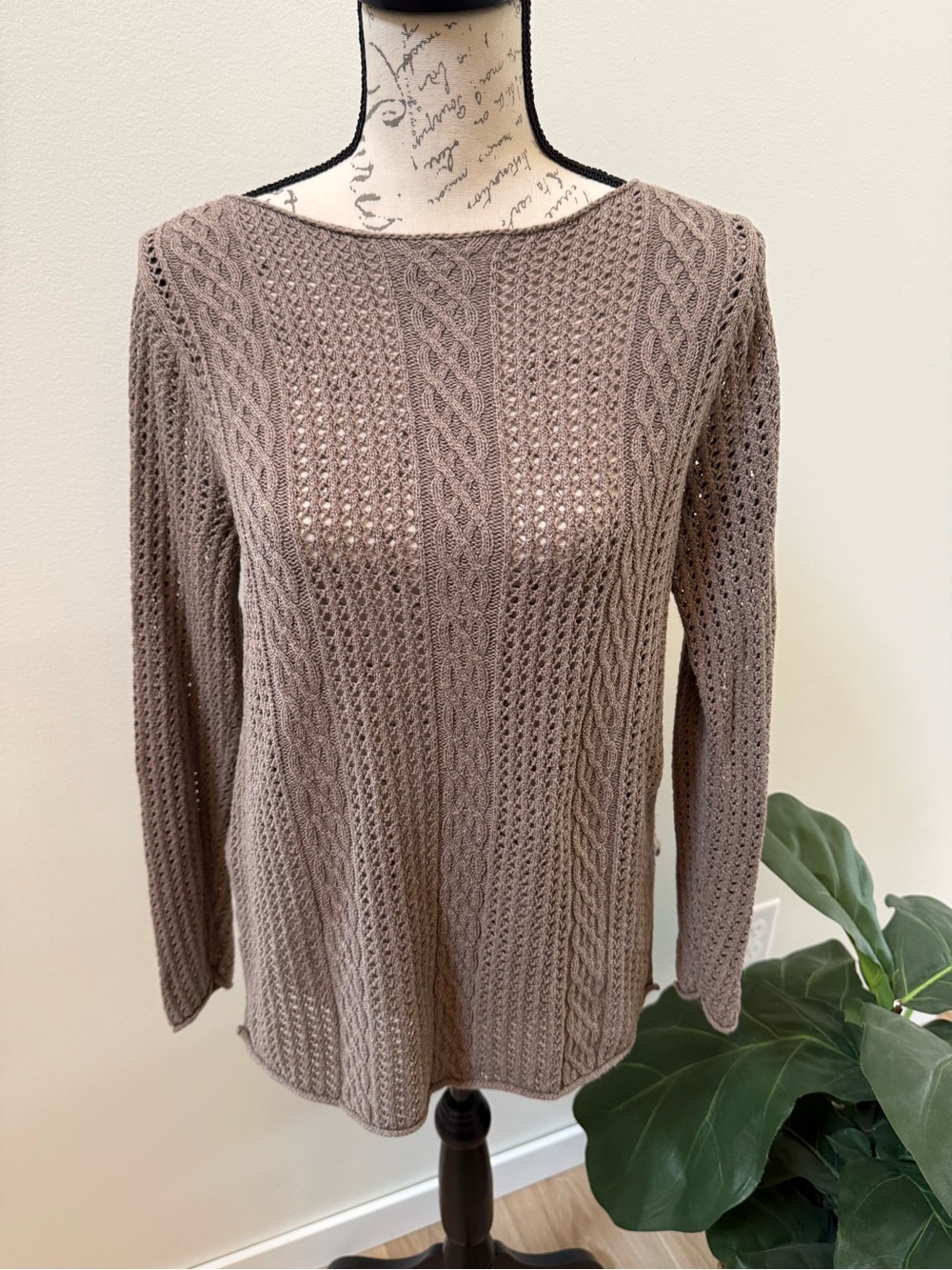 Jeanne Pierre Taupe 100% Cotton Cable Knit‎ Open Weave Sweater Large Cottagecore